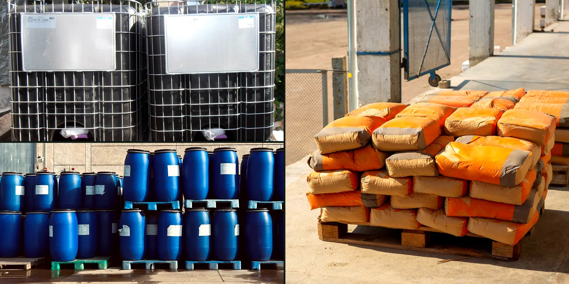 Collage de empaques industriales: bolsas de 25 kg sobre pallet, contenedores IBC y tambores plásticos azules